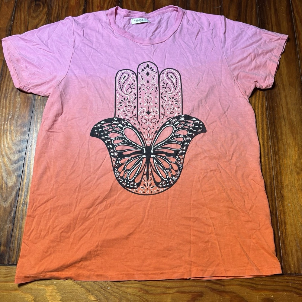 Lauren Moshi Pink Orange Ombre Butterfly Hamsa hand T-Shirt Sz S Boho Hippie Fun